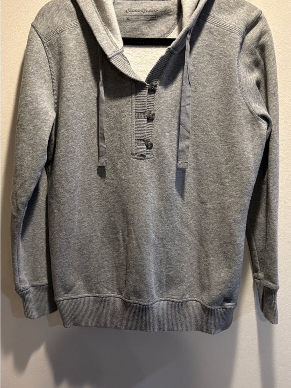 Eddie Bauer Gray Atheleisure Hooded Henley Sweatshirt. Great layering comfy.